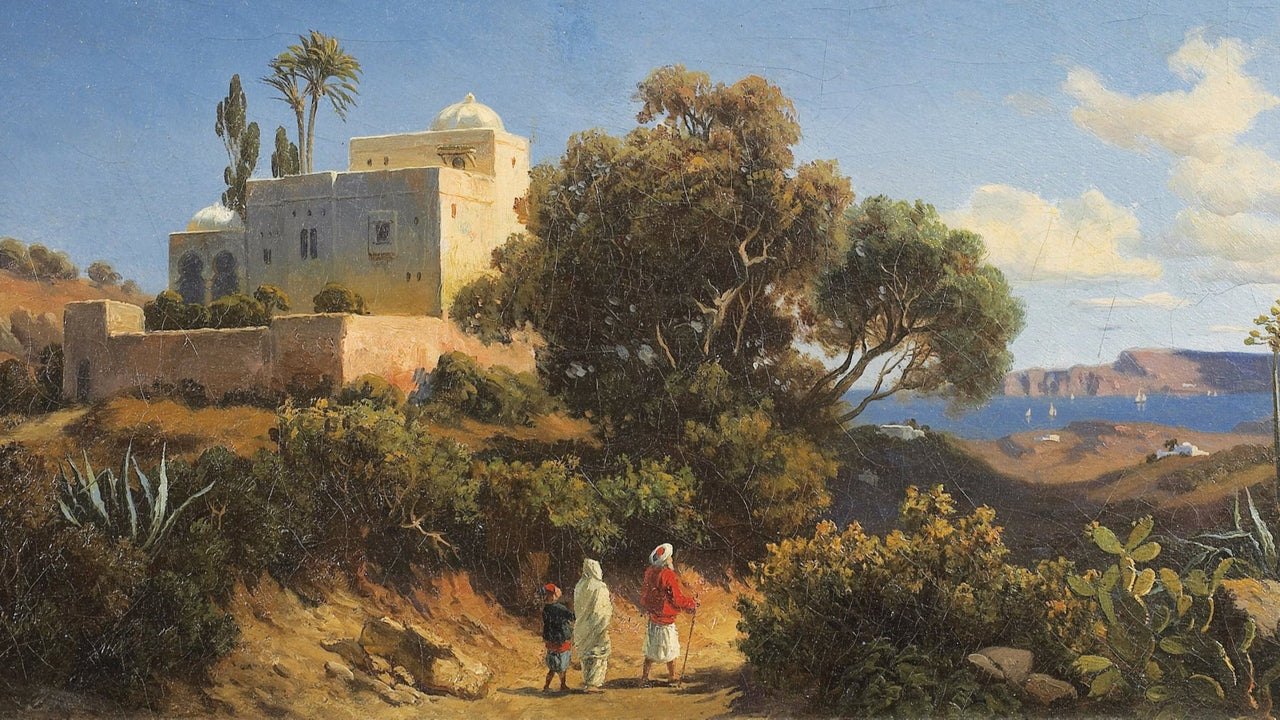Bannière Awalane - peinture orientaliste paysage nord-africain de Curtius Gro...